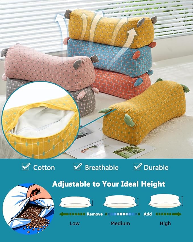 Adjustable Buckwheat Neck Roll Pillow,16.5"x6.3" Firm Cylinder Bolster for Lumbar Support, Pain Relief for Yoga Sleeping Recliner Use with Dot Plaid Pillowcase,Pink