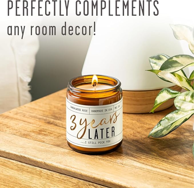 3 Year Anniversary Gift for Her - '3 Year Later' Candle, w/Sandalwood Rose - infused w/Essential Oils I 3rd Anniversary Gifts for Wife I 3 Year Wedding Anniversary Gifts I 50Hr Burn I USA Made