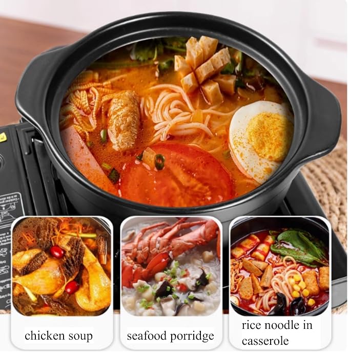 40 oz Ceramic Korean Stone Pot with Lid and Trivet Clay Pot for Cooking | Ceramic Sizzling Hot Pot for Bibimbap Black Korean Cooking Pot for 1-2 People for Kimchi Stew, Hot Pot