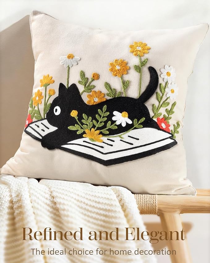 Animal Embroidered Throw Pillow Cover 18x18 Inch, Cat Floral | Decorative Pillow Cover, Farmhouse Cushion Cases with Hidden Zipper, Cottagecore Decor for Couch, Sofa, Living Room