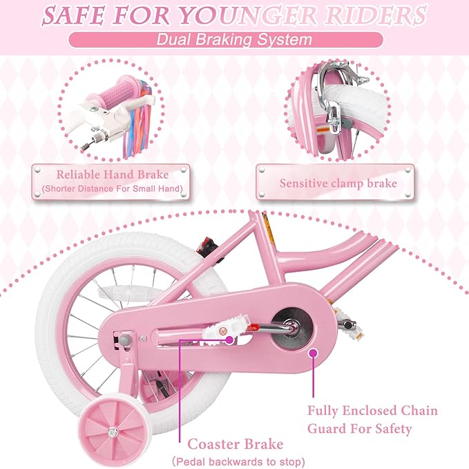 KORIMEFA Girls Bike for Ages 2-8 Years Toddler Kids with Doll Seat, 12 14 16 Inch Bicycle with Training Wheels, Little Small Princess Bicycle with Basket& Streamers, Girls Pedal Bike