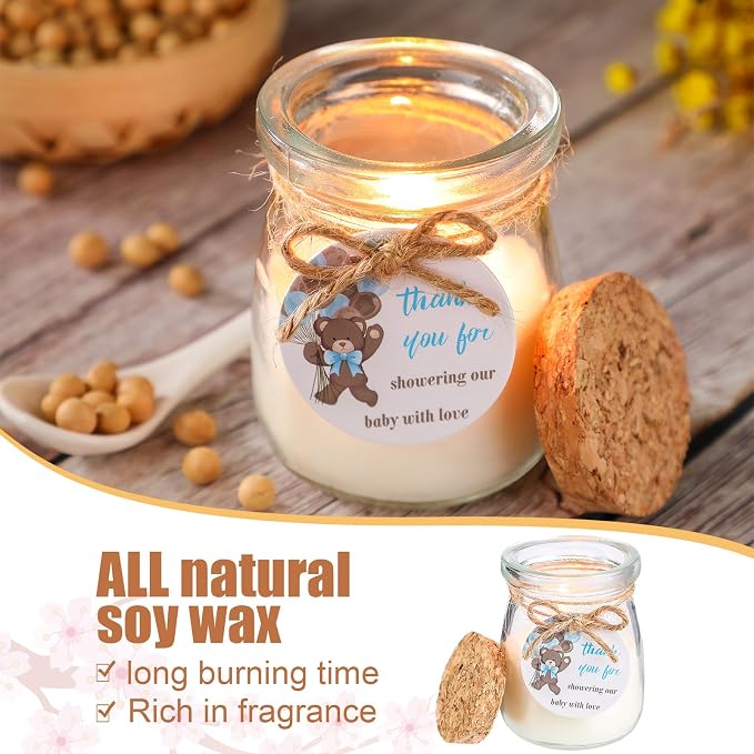 Threlaco 20 Pcs Bear Baby Shower Favors Party Candle Lavender Scented Glass Mason Jar Wax Candle Bulk for Guests Girl Boy Gender Reveal Party Gifts(Brown)