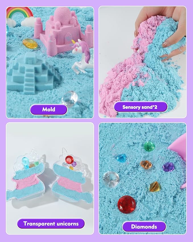 sikmcle Unicorn Sensory Bin Play Sand Kit for Girls Moulds Toddler Sand Art Kit with Sandbox for Kids for Toddlers Ages 3-8