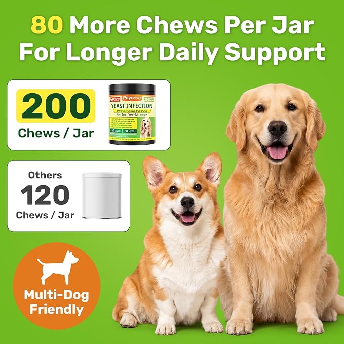 Puyrzoe Yeast Infection Treatment for Dogs, Itchy Skin, Paw Licking, Ear Odor & Allergy Relief, Natural Dog Yeast Infection Treatment, 200 Soft Dog Yeast Treatment Chews with Probiotic, Chicken Flavor