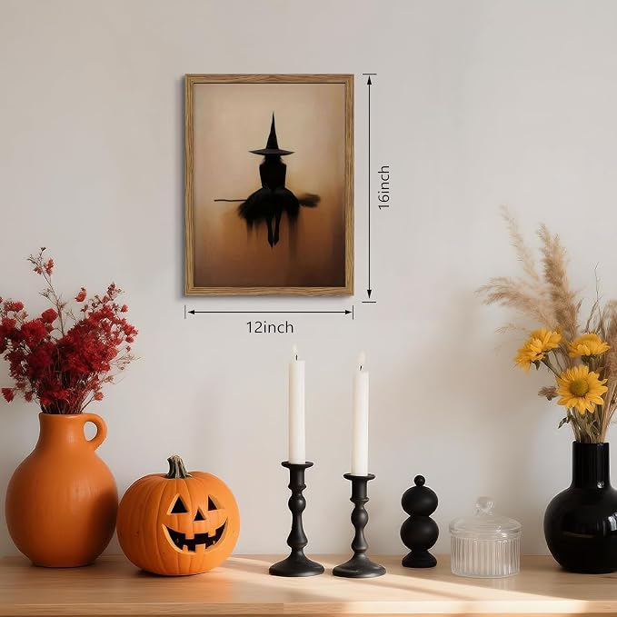 Framed Vintage Witch Wall Art, Minimalist Halloween Witch Canvas Prints, Spooky Gothic Dark Academia Witches Painting, Rustic Aesthetic Halloween Wall Decor for Bedroom Living Room 12x16 inch