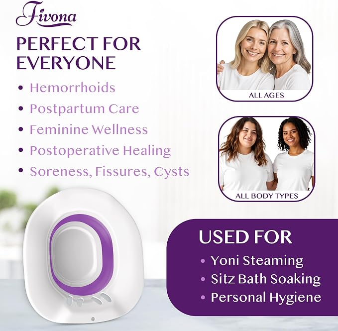 Fivona Sitz Bath for Toilet Seat Postpartum and Hemorrhoids Care - Yoni Steam Seat - Foldable Basin for Epsom Salt Soak - Portable Bidet BPA Free Temperature Resistant - Universal Fit - Purple
