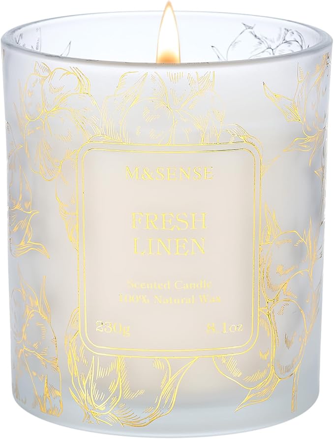 M&SENSE Fresh Linen Soy Candle, 8.1oz Gilded Glass, Home Refresh Gift | 42H Long Burn, Air Purifying Stress Relief Scent, Non-Toxic, Warmer Friendly, Reusable Jar