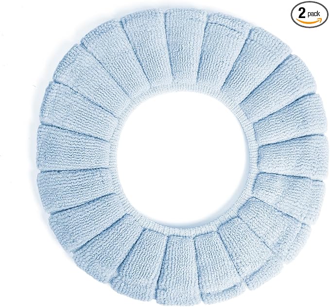 2 PCS Soft Thicker Plush Bathroom Toilet Seat Cover Pads Stretchable Washable Cloth Design for Universal Fit O/U/V/Rectangular Toilets (Blue)