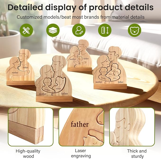 Personalized Wooden Family Puzzle with 2-5 Names - Custom Hugging Art Figurine for Rustic Home Decor - Unique for Mom Dad & Kids (Family of 3 to 5)
