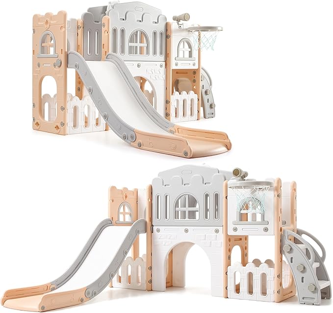 8 in 1 Toddle Slide Playset, Indoor Playground for Kids 1-3， Toddle Outdoor Playset with Slide, Climber, Tunnel, Basketball Hoop, Storage Space and Telescope for for Boys Girls, Pink Gray