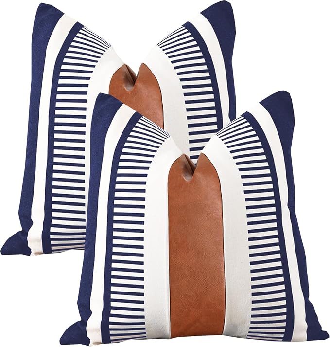 Pack of 2 Farmhouse Decorative Throw Pillow Covers for Couch Sofa Faux Leather and Cotton Patchwork Pillow Cover Boho Stripe Accent Cushion Cover 18 x 18 Inch, Navy Blue