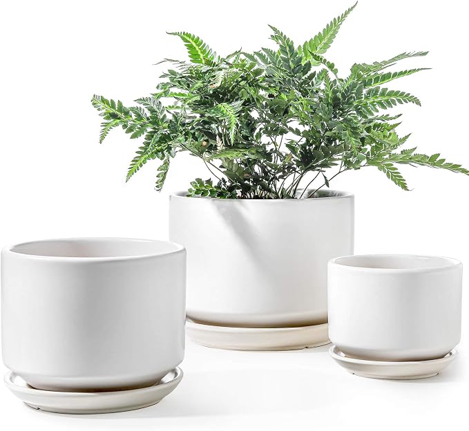 LE TAUCI Ceramic Pots for Plants, 4.3+5.3+6.8 Inch Plant Pots, Indoor Planters with Drainage Hole and Saucer for Succulents, Herbs and Flowers, Set of 3, Satin, White