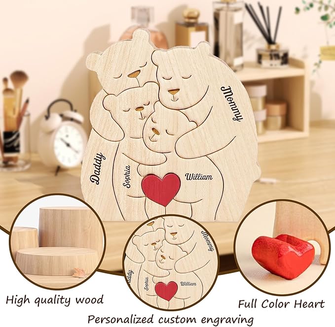 Personalized Wooden Bear Puzzle with Names Hugging Bears Family Puzzle Custom Mom/Dad/Family Members,Christmas DayPresent (Hug The Bear 1)