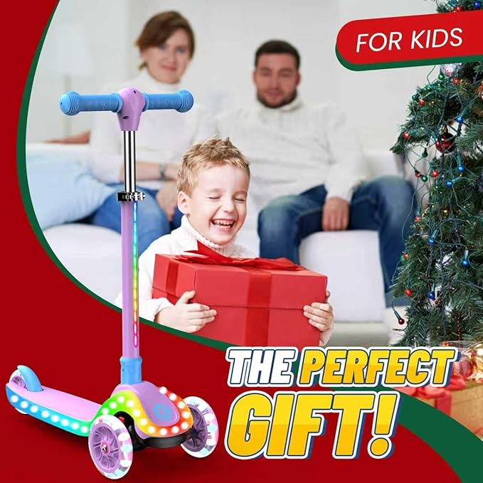 2-in-1 Adjustable Kick Scooter for Kids 3-5 (Suitable 3-12 Years),5-Level Handlebar & Removable Seat, LED Light-Up Wheels, Wide Deck, Foldable Design for Indoor/Outdoor Use - Girls & Boys