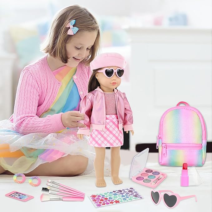 Ecore Fun 17 Pcs American 18 Inch Doll Accessories Cosmetic Set with Backpack & Outfits | Pretend Play Makeup Kit for 18" Dolls | Includes Lipstick, Eyeshadow, Brushes, Accessories & Stylish Clothes