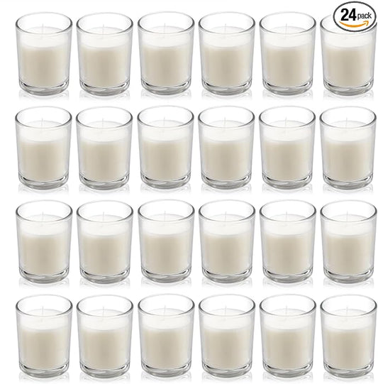 Housecret 24 Pack Warm White Unscented Clear Glass Filled Votive Candles. Hand Poured Wax Candle Ideal Gifts for Aromatherapy Spa Weddings Birthdays Holidays Party