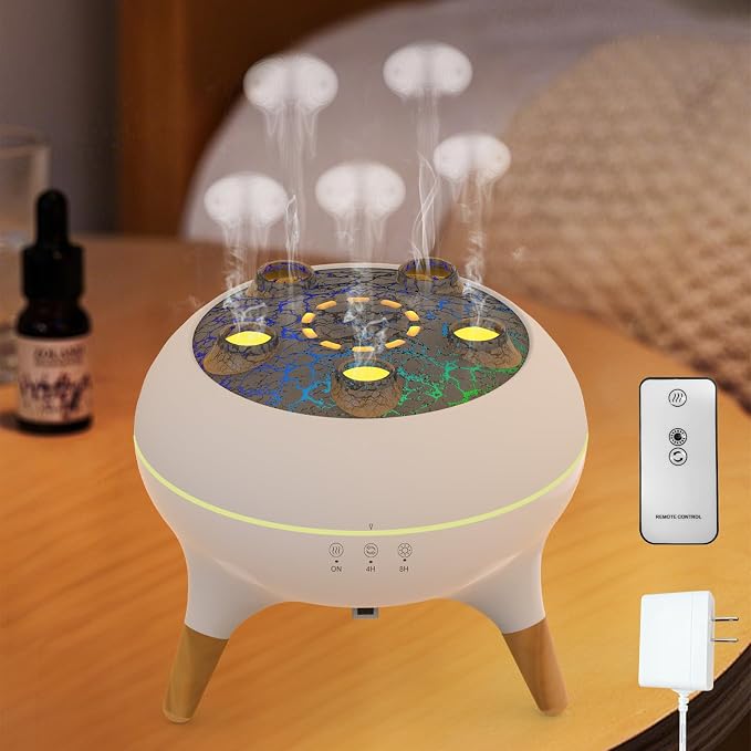 Jellyfish Essential Oil Diffuser, 5-Nozzle Ultrasonic Aromatherapy Humidifier with Sound-Reactive Mist, 250ml, 7-Color LED, Remote, 4H/8H Timer, Auto-Off for Home, Bedroom, Office