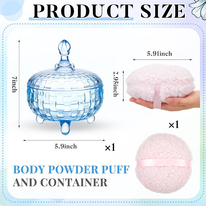 Tioncy 2 Pcs Extra Large Dusting Powder Puff and Container for Women-6'' Glass Crystal Dusting Powder Container with Body Soft Washable Reusable Velour Face(Blue,Weave Design)