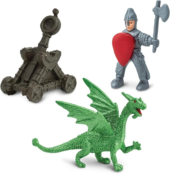 Safari Ltd. Knights & Dragons Toob - Set of 10 Mini Figurines: Red & Blue Kingdom Knights, Catapult, and Green Dragon - History Learning Toy Figures for Boys, Girls & Kids Ages 3+
