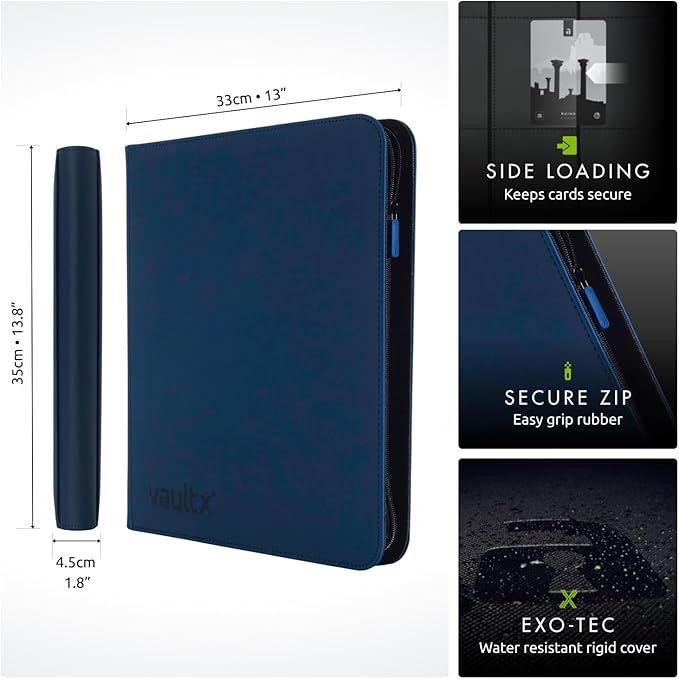 Vault X 12 XL Pocket Zip Binder, 624 Cards, Exo-Tec Material, 26 Side-Loading Pages (Blue)