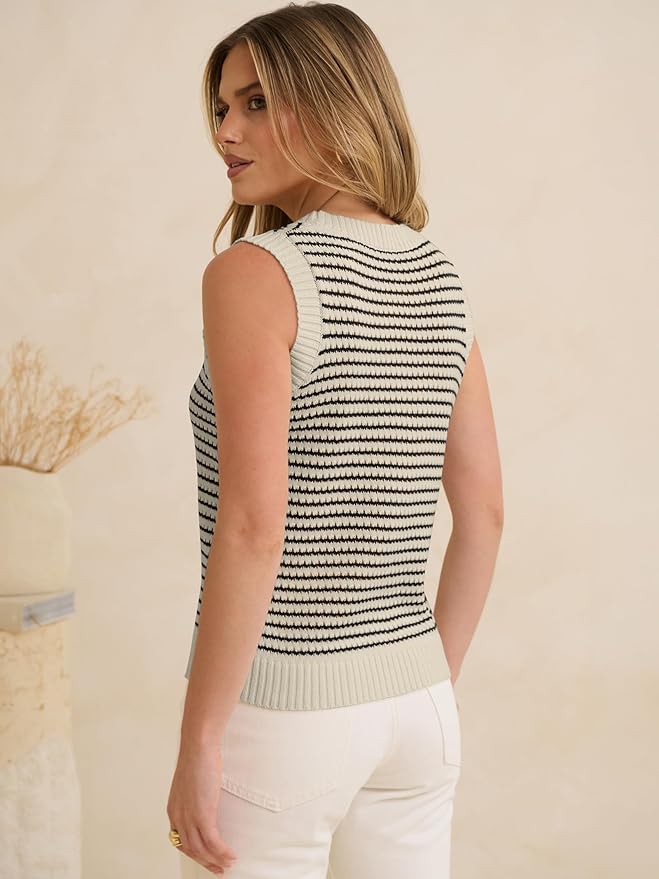 ANRABESS Womens Sleeveless Sweater Vest Striped Tank Tops | Crochet Knit Crew Neck, Lightweight Soft Comfy, Vacation Travel Work Casual Outfits, Sping Summer Layering Clothes