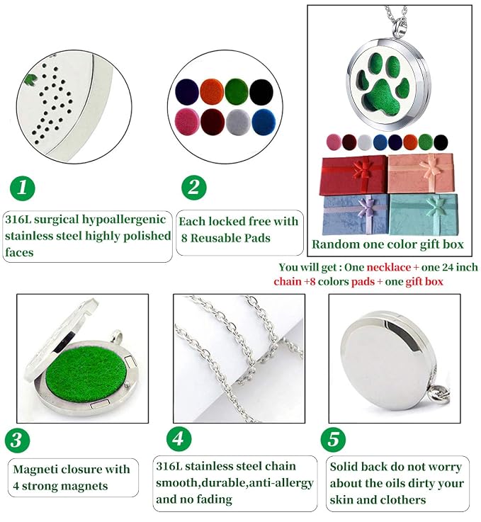 Dog Paw Essential Oil Diffuser Necklace - Aromatherapy Charm Locket Stainless Steel Chain Diffuser Pendant Jewelry for Women Men Teen Birthday Christmas