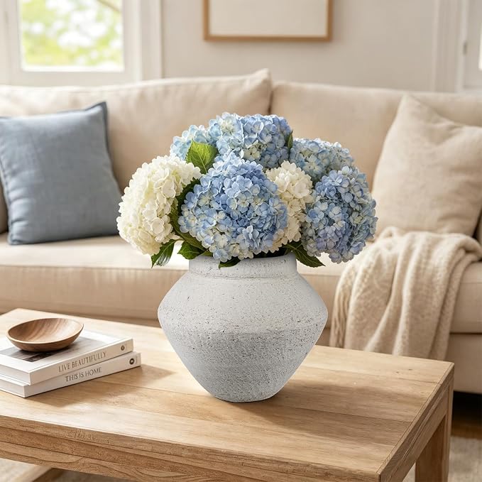 Briful Rustic Ceramic Vase Large Decorative Vase, 9'' Farmhouse Flower Vase | Vintage Texture Style Vase for Faux Floral, Table Centerpiece, Living Room, Shelf, Kitchen Counter, Entryway Decor, Beige