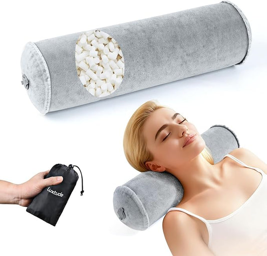 Luxtude Inflatable Neck Roll Pillow for Sleeping, Travel Cervical Pillow for Neck Pain Relief, Cylinder Support Pillows Round Bolster Pillows for Bed, Lumbar Roll, Legs, Back and Yoga (Grey-4.7in)