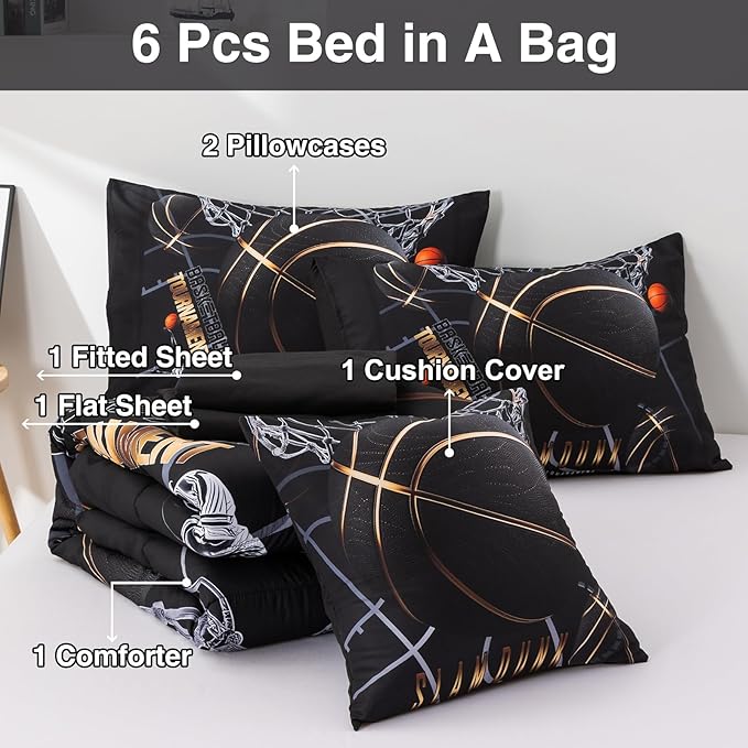 A Nice Night Basketball Court Printed Comforter Sets,with Sportsman Slam Dunk Printing 6Pcs Bedding Set in a Bag for Teen Boys,Full