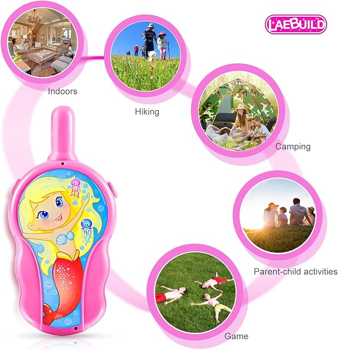 Walkie Talkies for Kids, Toys for 3 4 5 6 7 Year Old Girls Boys, Long Range Walkie Talkies for Toddlers, Mini Pink Cute Mermaid Christmas Birthday Easter Gifts Indoor Outside Games (2 Pack)
