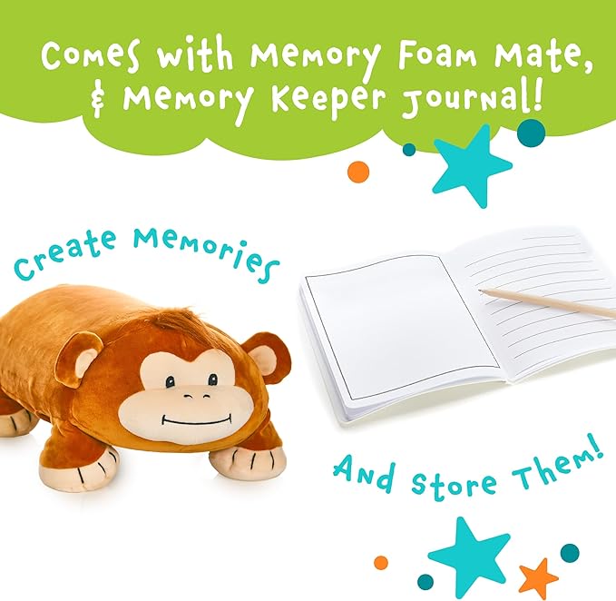 Cuddly Memory Foam Pillow Plush with Belly Pocket, Kids Pillow for Hugging Sleeping & Storing Diary, 15” Stuffed Animal & Journal Set - Jesi The Monkey