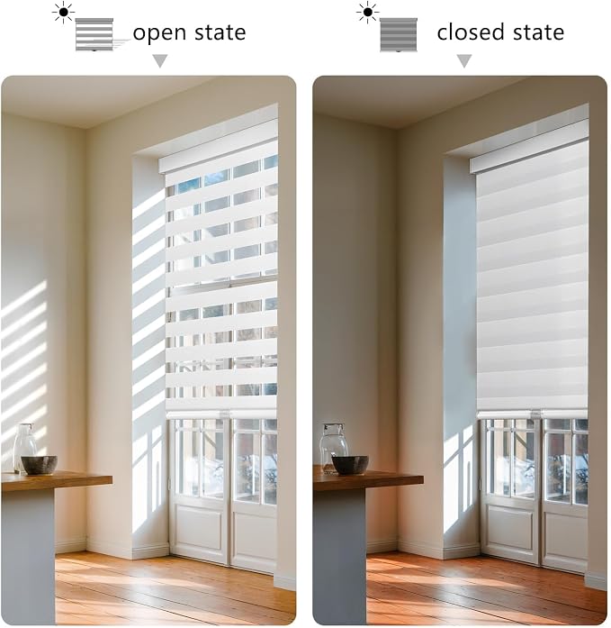 AOSKY Cordless Zebra Blinds for Windows Pull Down Roller Window Shades Dual Layer Light Filtering Privacy for Day and Night, Free-Stop Door Shades for Home Easy to Install (34" W X 64" H, White)