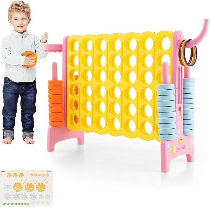 COSTWAY Jumbo 4-to-Score Giant Game Set for Kids & Adults, 2.5Ft Indoor Outdoor Game with Basketball Hoop, Ring Game, 42 Jumbo Rings, Quick-Release Slider, Perfect for Birth & Holiday Party