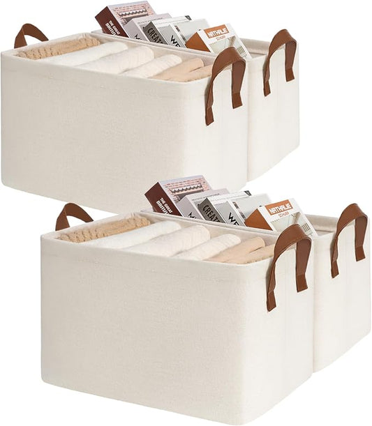CHICVITA 4-Pack Closet Storage Bins, Fabric Shelf Baskets, Beige | 16 ¾" L x 11" W x 9 ¾" H, Collapsible Design, Clothes, Toys & Books Storage, Bedroom, Closet & Living Room Organization
