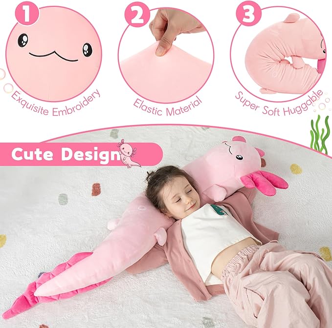 MaoGoLan Giant Axolotl Plush Body Pillow for Girls, Hot Pink Axolotl Stuffed Animal for Kids Adults, Large Salamander Plush Glow in The Dark, Holiday Birthday Christmas Valentines Gifts