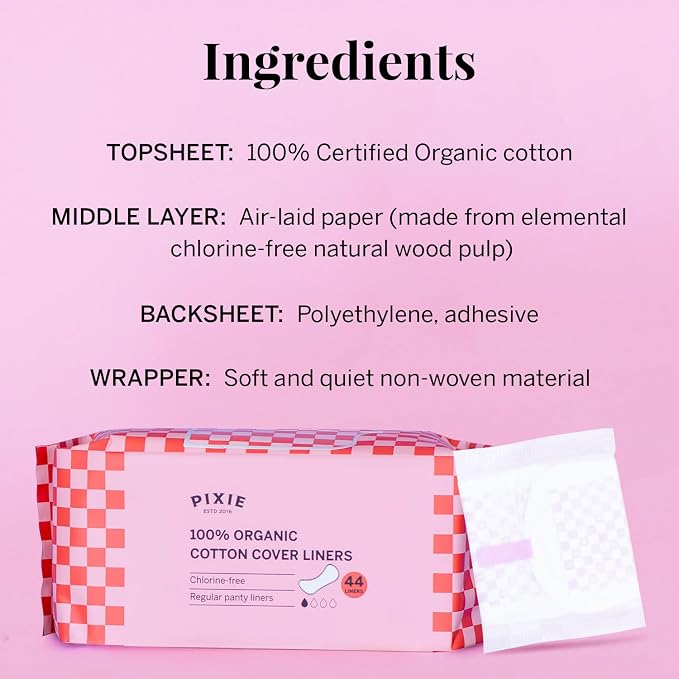 Pixie Organic Cotton Panty Liners for Women - Regular Wrapped Pantiliners - Light Absorbency & Ultra-Thin - Leak-Proof, Hypoallergenic & Unscented for Feminine Care - Compostable - 44 Count