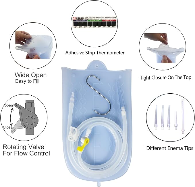 GNEGKLEAN Silicone Enema Bag Kit with 6.3ft Hose, 5 Enema Tips, Controllable Flow Valve and Water Thermometer - 2 Quart Capacity Coffee enemas for Colon Cleanse