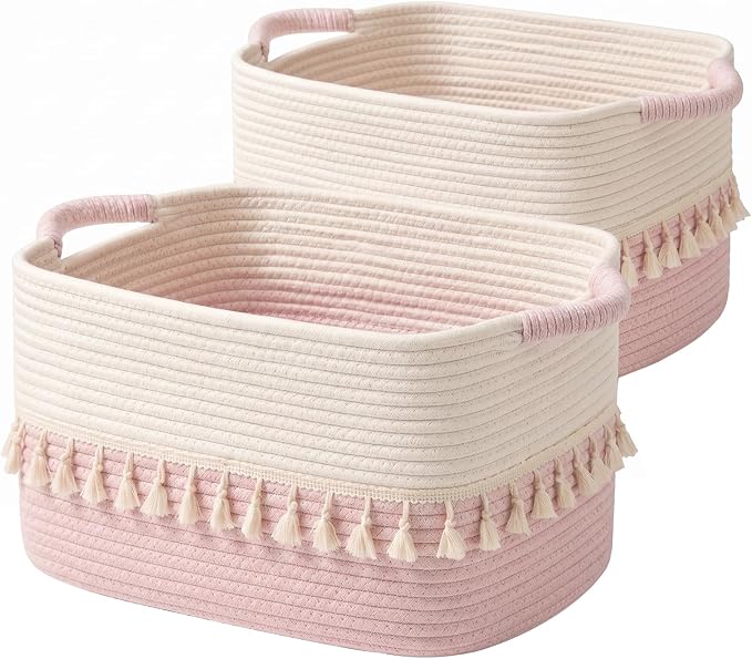 TeoKJ Storage Baskets 2 Packs, Storage Basket for toys,Towel, Storage Bins, Woven Basket for Shelves Bedroom Laundry Nursery, White & Pink