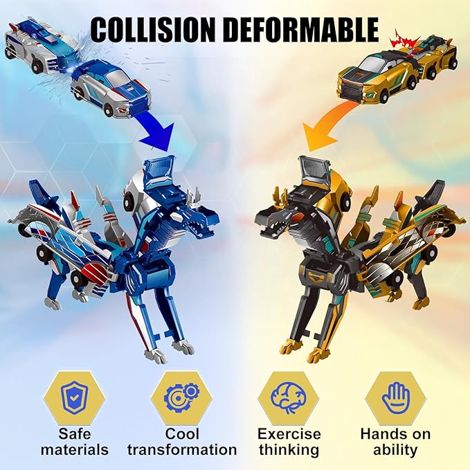 Transforming Dinosaur Toys, 2 in 1 Magnetic Cars Collision Transform into Dino Toys, for Boys Girls Toy Age 2-12, Christmas Birthday Gift (Gold Blue)