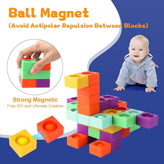 Unique Magnetic Blocks, 36 Pcs Silicone Pop Building Blocks Fidget Toy, 1.38 Large Strong Magnetic Cubes, Preschool STEM Sensory Montessori Toys for Kids Toddlers Ages 3 4 5 6 7 8