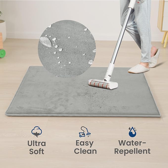 Baby Play Mat for Floor,Extra Large 79"×118" Playroom Mat,Thicker Memory Foam Classroom Mats,Water Repellent Ultra Soft Coral Velvet,Non-Slip Backing Safe for Crawling(Light Grey)