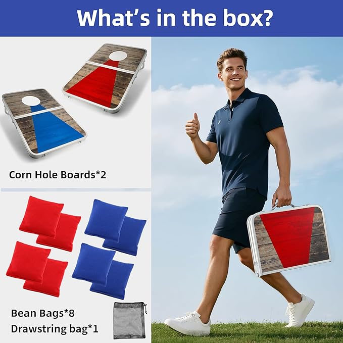 Portable Cornhole Board Set with Aluminum Alloy Edging,2x1.3ft Foldable Corn Hole Games for Adults and Family with 8 Bean Bags for Outdoor Backyard Travel Tailgate Camping
