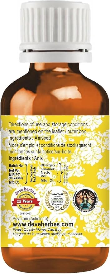 Deve Herbes Pure Aniseed Essential Oil (Pimpinella anisum) Steam Distilled (Pack of Two) 100ml X 2 (6.76 oz)