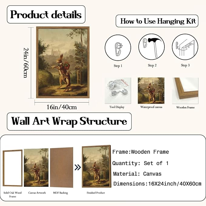 Funny Rabbit Wall Art Whimsical Bunny Wall Decor Painting Vintage Cottagecore Easter Animal Poster Canvas Prints Hare Family Picture Artwork for Living Room Bedroom 16x24 inch Wood Framed