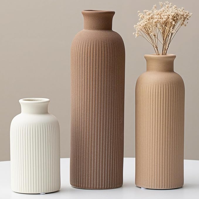 Modern Ceramic Vase Set, Earth Tone Natural Color Ribbed Matte Design, 3-Piece Decorative Vases for Home, Living Room, Office (Coffee Mix)