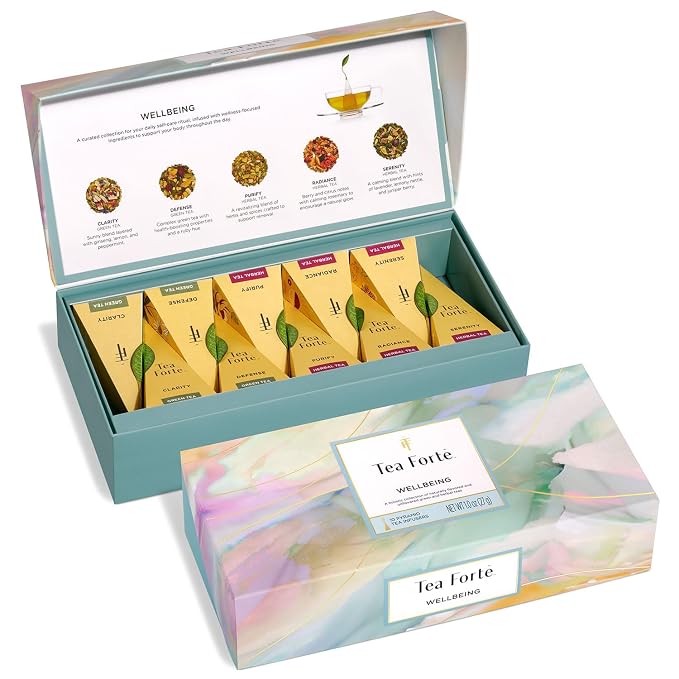 Tea Forte Premium Petite Presentation Box Gift Set Sampler, 10 Count, 2 of Each Blend Individually Wrapped Handcrafted Pyramid Infuser Bags, Wellbeing