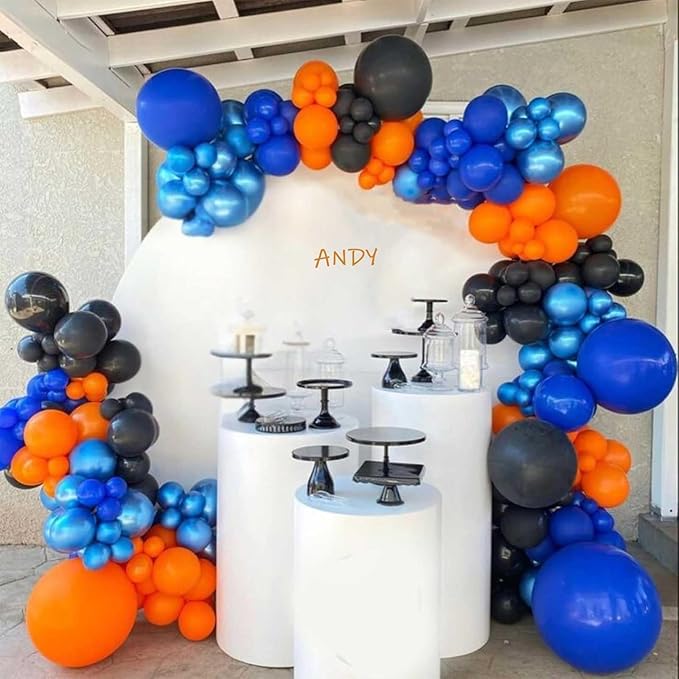 Orange Blue Balloons, 12 Inch Royal Blue and Matt Orange Metallic Gold Latex Balloons with Tangerine Star Printed Party Balloon for Kid Cartoon Theme Anime Birthday Outer Space Party Decoration
