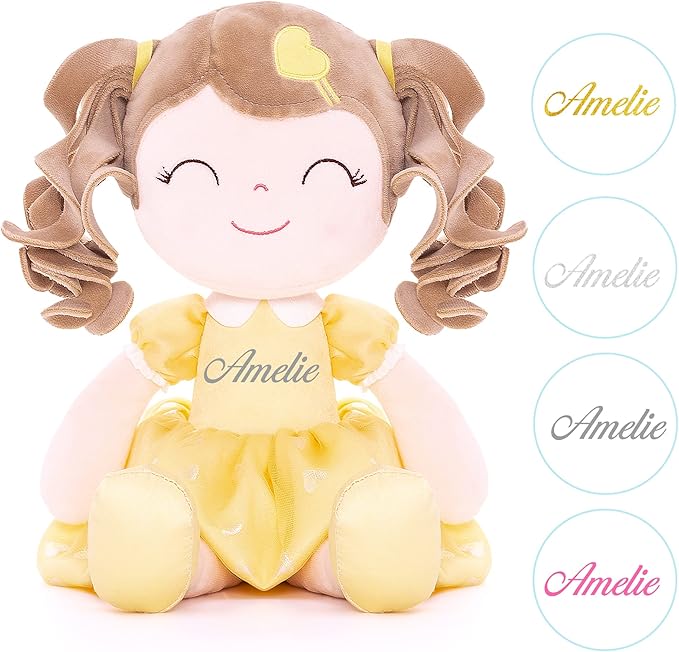 Gloveleya Personalized Yellow Heart Girl Doll – Custom Name Plush Baby Doll Gift with Gift Box, Soft Huggable Rag Doll for Toddlers & Kids, Birthday Present, Baby Shower Keepsake, 16 Inch