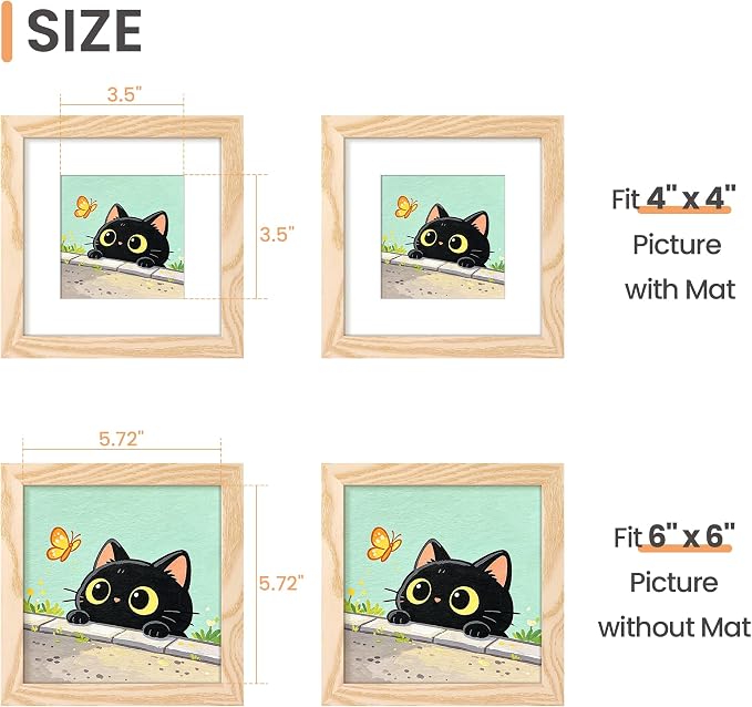 upsimples 6x6 Picture Frame, Display Pictures 4x4 with Mat or 6 x 6 Without, Wall Hanging Square Frames, Natural Style, 1 Pack