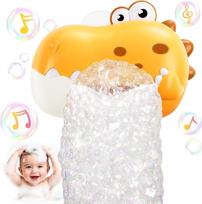 Baby Bath Toys, Rechargeable Dinosaur Bath Bubble Machine with Music, Bathtime Bathtub Toys for Toddlers Birthday Valentines Gifts, Bubble Maker Toys for Kids Ages 1-3 4-8 Baby Gifts (Yellow)